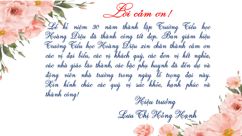 Trường Tiểu Học Hoàng Diệu gửi lời cảm ơn nhân kỉ niệm 30 năm ngày thành lập trường và 41 năm ngày Nhà giáo Việt Nam 20/11