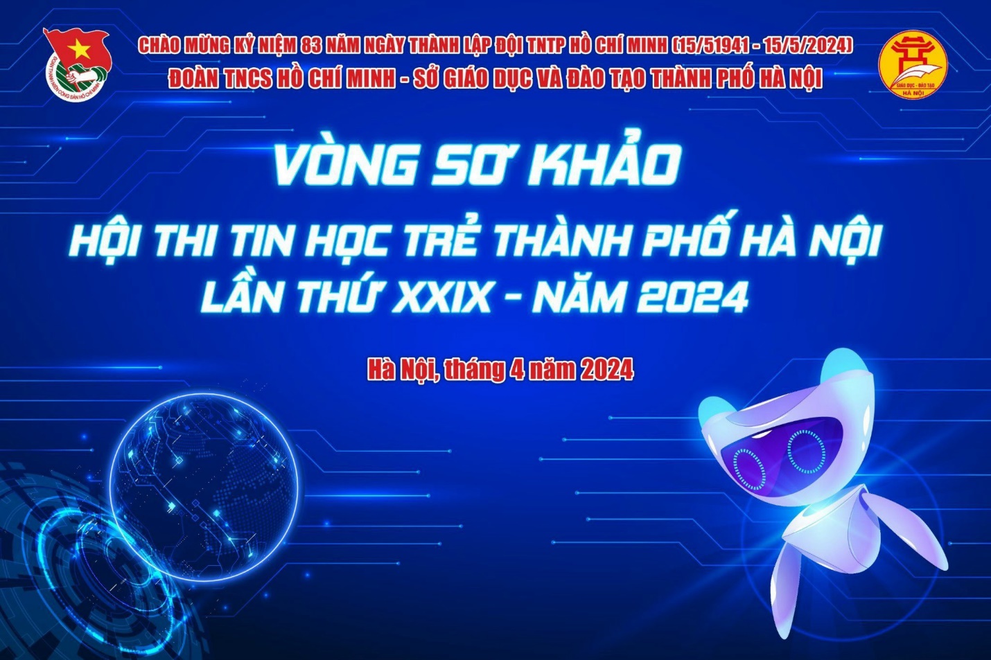 A blue and white banner with text and cartoon characters

Description automatically generated
